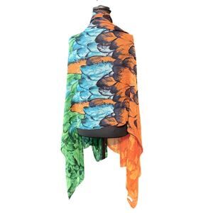 Orange Green Feather Print Silk Scarf Wrap Shawl 100% Silk CA58230 Multicolor